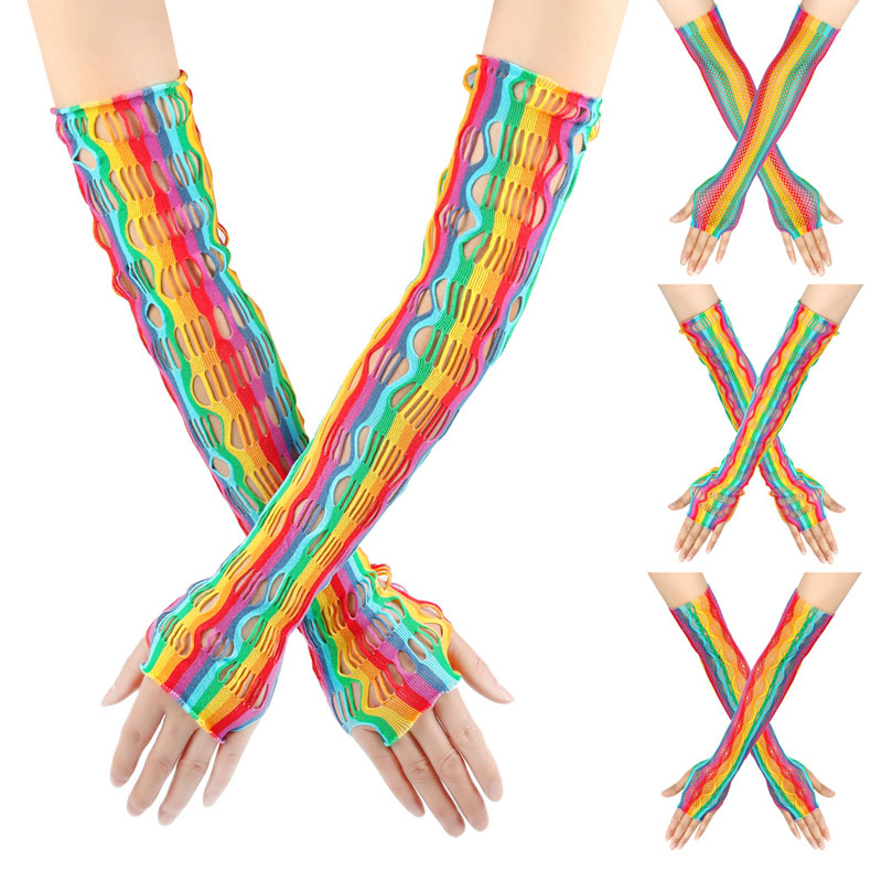 Party Long Fishnet Rainbow kesztyű